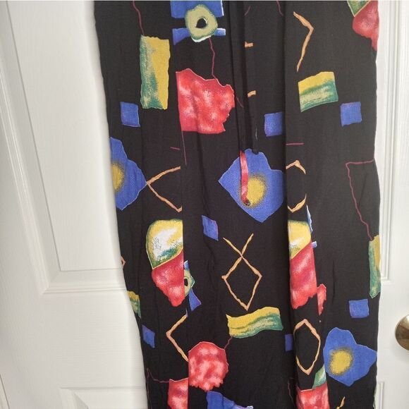 J.D. Stone 12 Black Multicolor Belt ShrtSlves SlitSides Rayon Women's Midi Dress - Picture 6 of 11